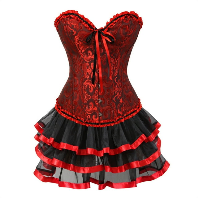 Womens Lace Bow Tie Color Retro Medieval Ball Patchwork Puffy Skirt Set