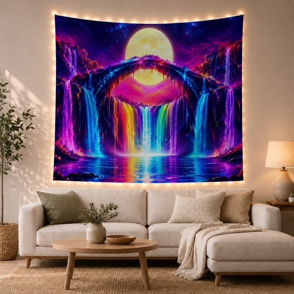 Surreal Landscape with Waterfalls and Rainbow Moon Arch, Mystical Fantasy for Nature Lovers, Celestial Art Decor, Housewarming Gift, Tapestry Wall Hanging for Bedroom and Living Room