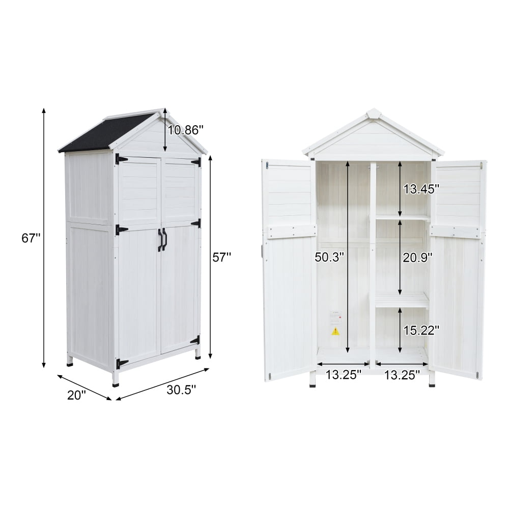 Spacious White Fir Wood Storage Shed, 67-Inch Tall with Dual Doors, Triangular Roof, and 4 Interior Compartments for Organized Garden Tool Storage