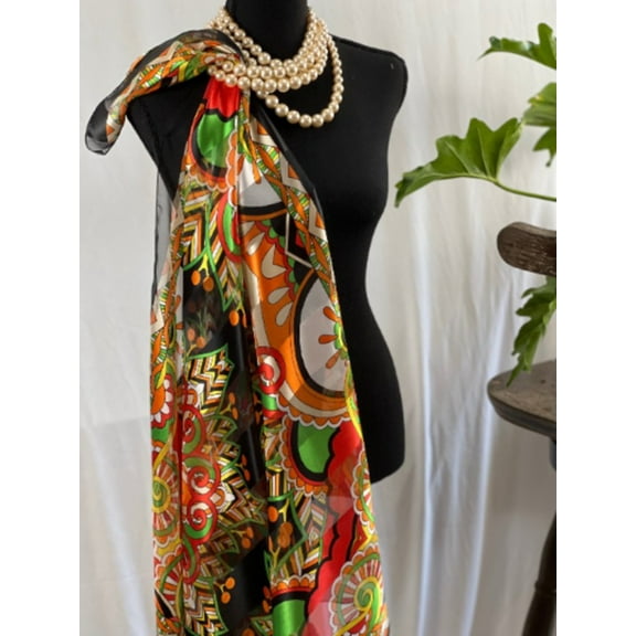 Colorful Satin Polyester Silk Feeling Scarf Shiny vibrant floral color Vintage design scarf shawl wrap Head scarf|SOL24A246