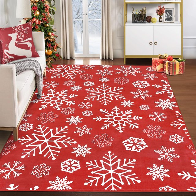 Christmas Rug 4x6 Winter Holiday Decor Area Rug for Living Room Non-Slip Washable Accent Carpet Snowflakes Pattern Low Pile Bedroom Rug for Laundry Room Office Home