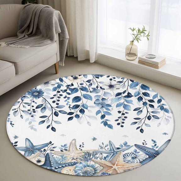 Round Rugs 3Ft, Blue Coastal Starfish Round Area Rug Washable Indoor Throw Carpet, Beach Nautical Shell Eucalyptus Summer Small Non Slip Circle Rug for Bedroom Living Room Home Decor Aesthetic