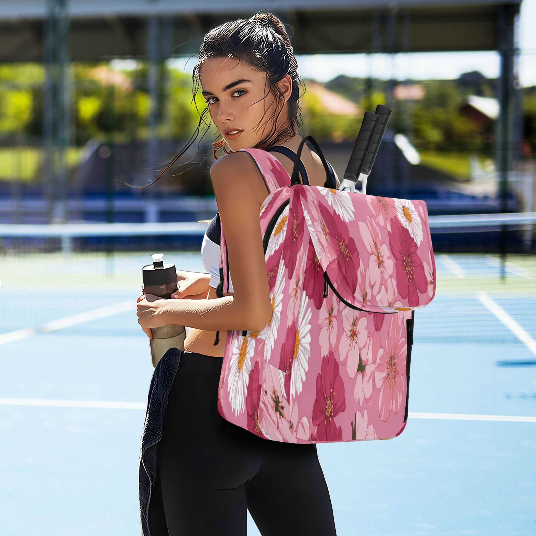 2 Racquet Holder Tennis Backpack Tennis Racket Covers Gym Bags Blooming Cherry Blossoms