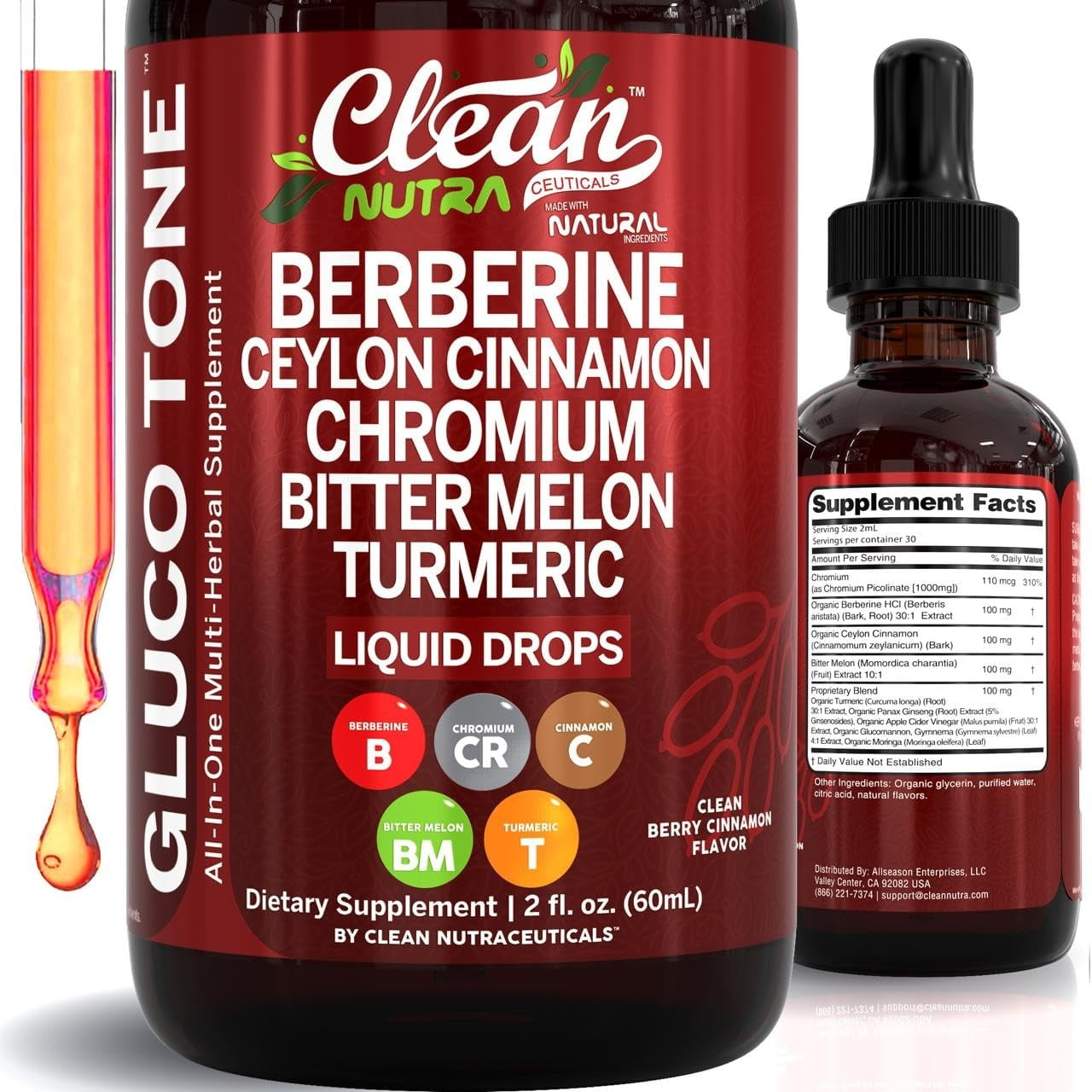 Berberine Liquid Drops with Ceylon Cinnamon, Bitter Melon, Gymnema, Chromium, Turmeric, Panax Ginseng - Blood Sugar Support* - Berry Cinnamon Flavor - 2 fl oz - Clean Nutra