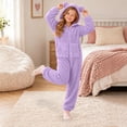 thumbnail image 5 of CUZIBR Kids Girl Bear Ear Onesie Fuzzy Hooded Pajama Jumpsuit Zip-Up Long Sleeve Lovely Loungewear,Purple,5-6 Years, 5 of 6