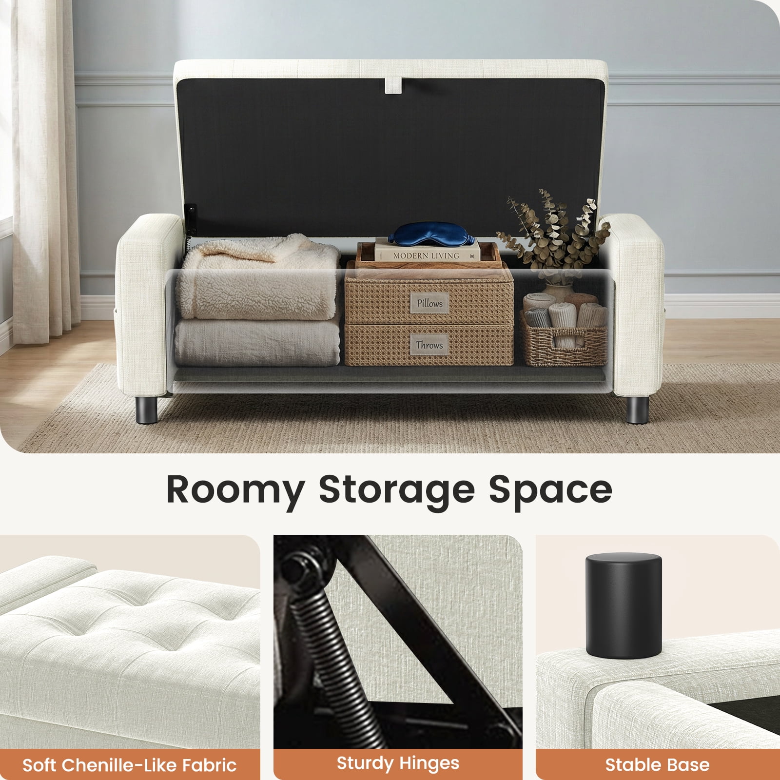 46" Storage Ottoman Bench with Hidden Compartment & Side Pocket,400 lbs Capacity,Safety Hinge,Multi-Functional End of Bed/Entryway Storage,Beige