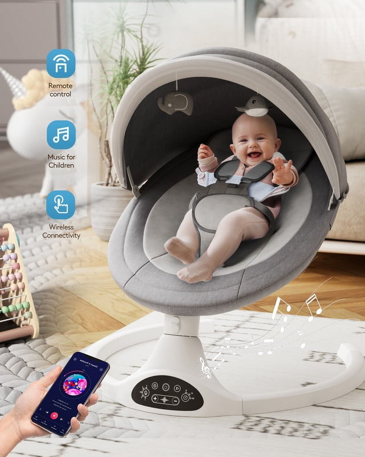 Babyomi Baby Swing for Infants, Bluetooth Control, 5 Speed Settings, 10 Nursery Rhyme, 0-12Months, Gray