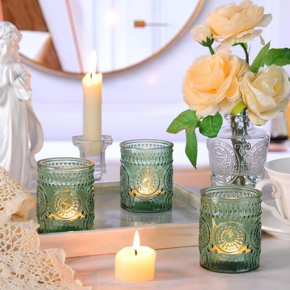 12pcs Green Votive Candle Holders - Glass Tea Lights for Weddings, Parties, Table Decor