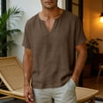 thumbnail image 2 of Klisyaur Men's Cotton Linen Shirt Short Sleeve V Neck Casual Lightweight Breathable Tee for Summer Beach, 2 of 5