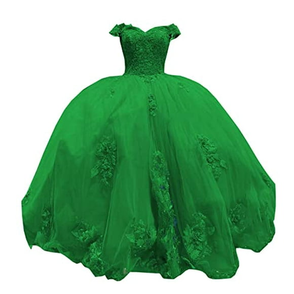 Princess Tulle Prom Dresses Modest Off The Shoulder for Teens Girls Women 3D Floral Flowers Cap Short Sleeves Graduation Evening Dress Emerald Green 2