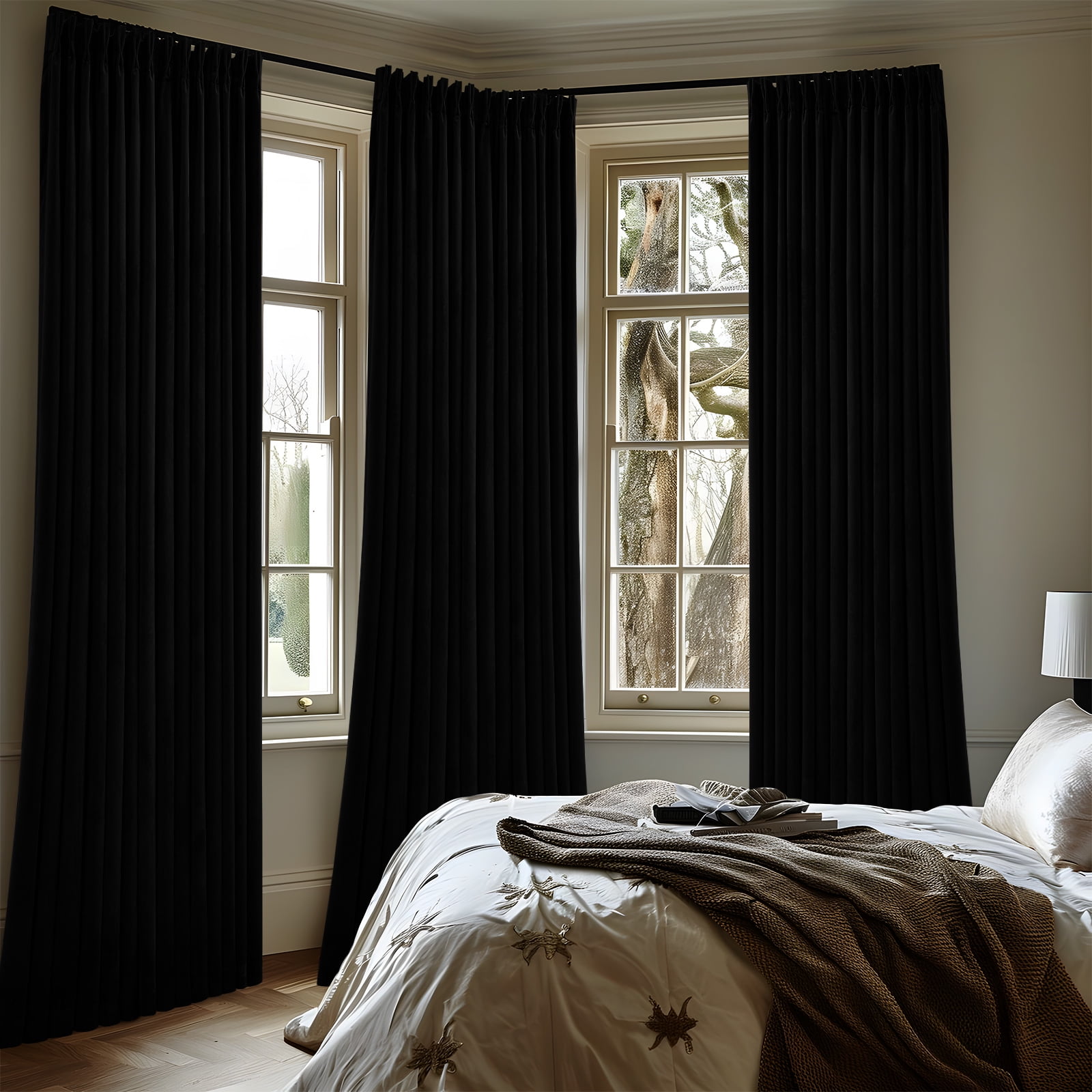 Galenzoov 40*84 inch 2 Panels Pinch Pleated Velvet Curtains for Home, Blackout Heat Blocking Window Curtains with Hooks for Bedroom,Living room,Office,Black