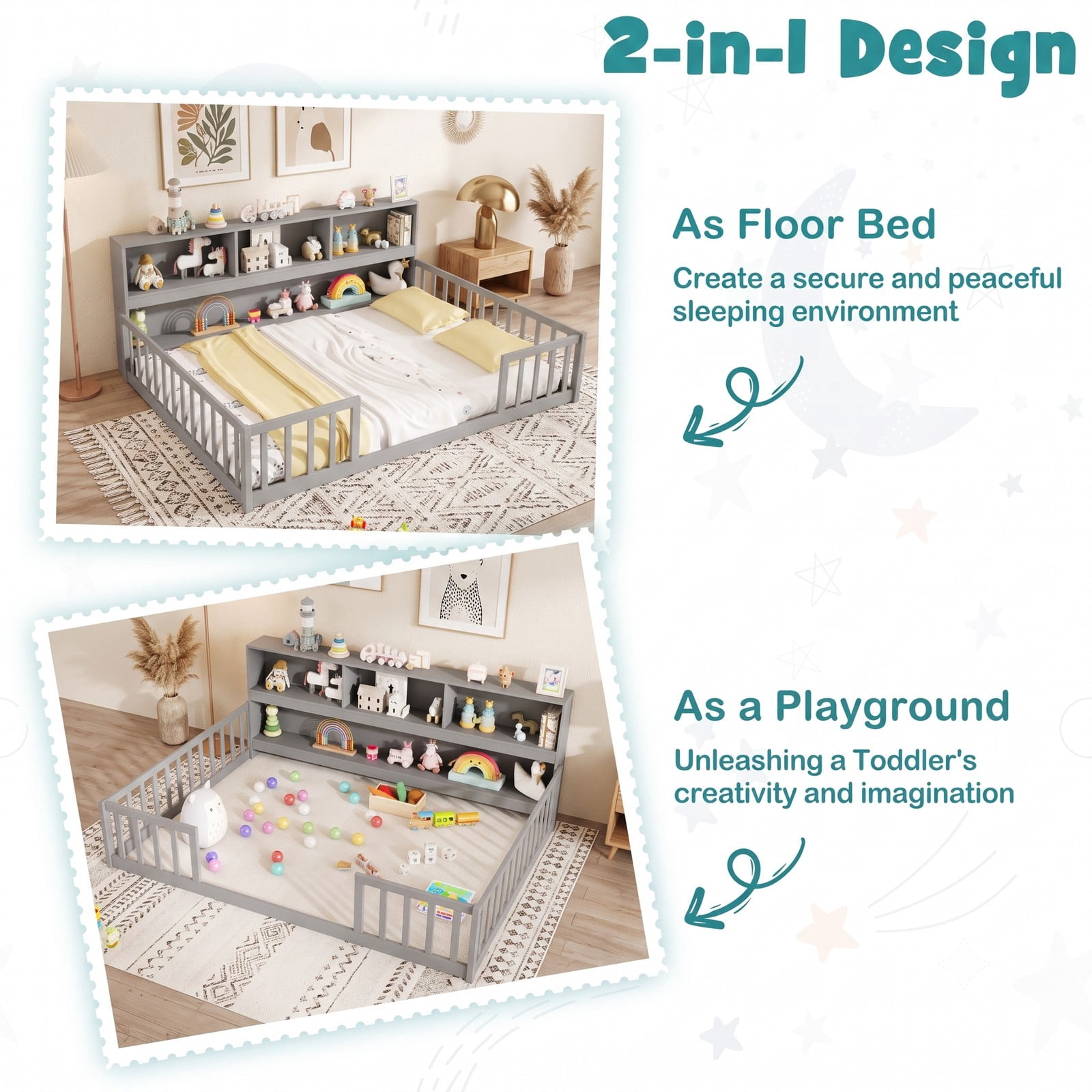 Furnibear Full Size Bed Frame Montessori Floor Bed with Bookcase Headboard and Full Length Fence Rails for Kids Bedroom, Gray