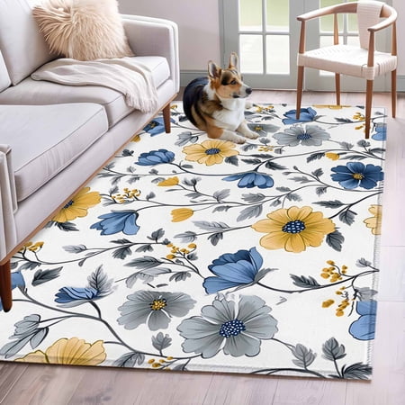 Area Rug 3x5ft Farm Elegant Blossom Flower Washable Rugs for Living Room Bedroom Spring Abstract Foliage Soft Non-slip Area Rugs Rectangle Floor Carpet for Dining Room
