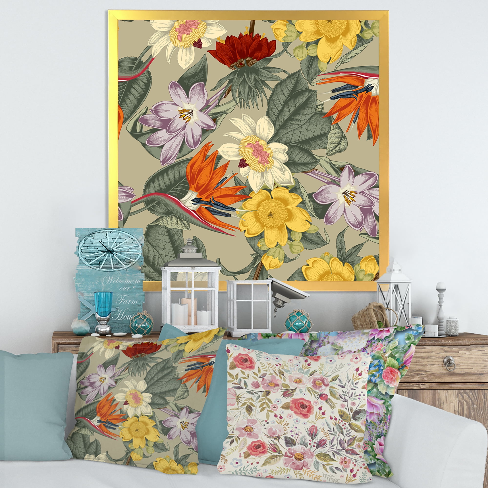 Designart 'Ancient Exotic Flowers In Orange and Yellow' Traditional Framed Art Print