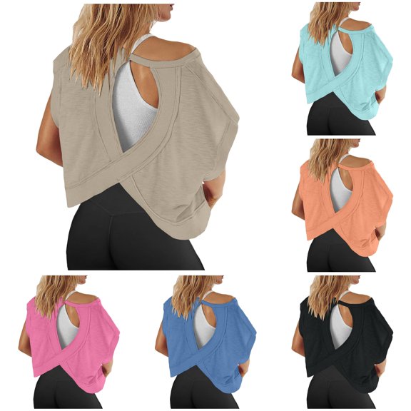 RUTAYY Women's T-Shirt Solid Color Short Sleeve Workout Tee Shirts Open Back Casual Yoga Athletic Gym Slouchy Crop Tops Running Trendy Travel Tees