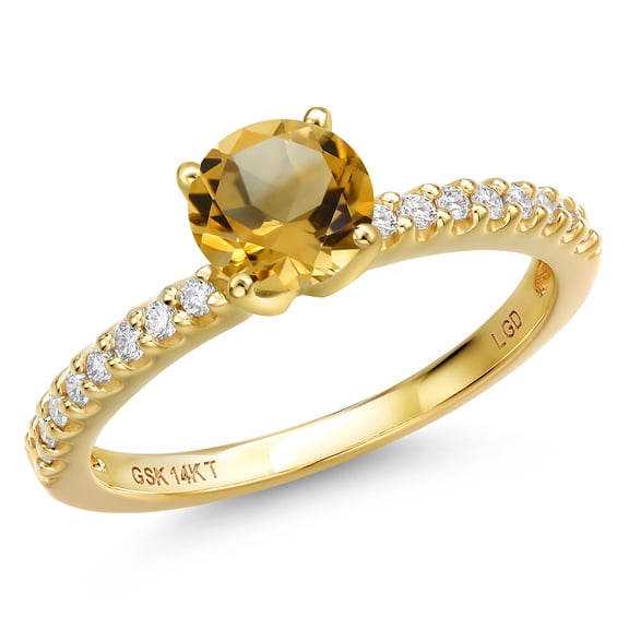 Gem Stone King 14K Yellow Gold Yellow Citrine and Lab Grown Diamond Engagement Ring for Women | 0.96 Cttw | Round 6MM | Gemstone November Birthstone | Size 7