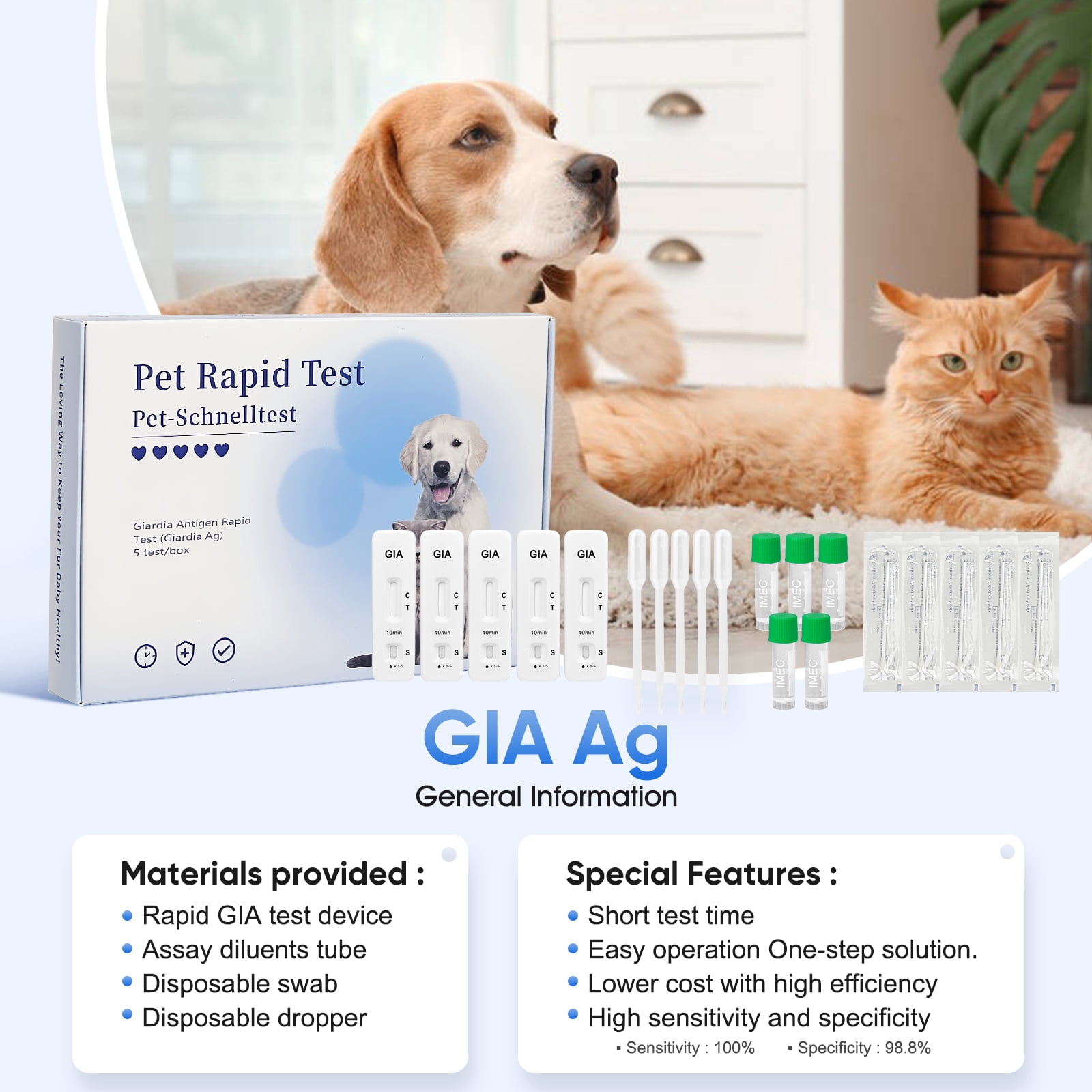 Rapid 5-Piece GIA Test Kit for Dogs & Cats: Home Giardia Detection in Feces/Vomit in 5-10 Min! Easy, Non-Invasive for All Breeds & Ages