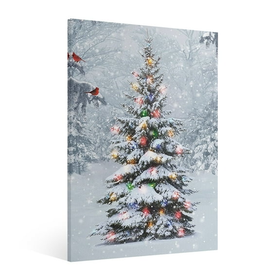 Vintage Christmas tree and Northern Cardinal bird Wall Art Paint Framed - Retro Xmas Festive Winter Holiday Christmas Wall Decor Canvas Print for Living Room Kitchen Bathroom Home Bedroom Decor