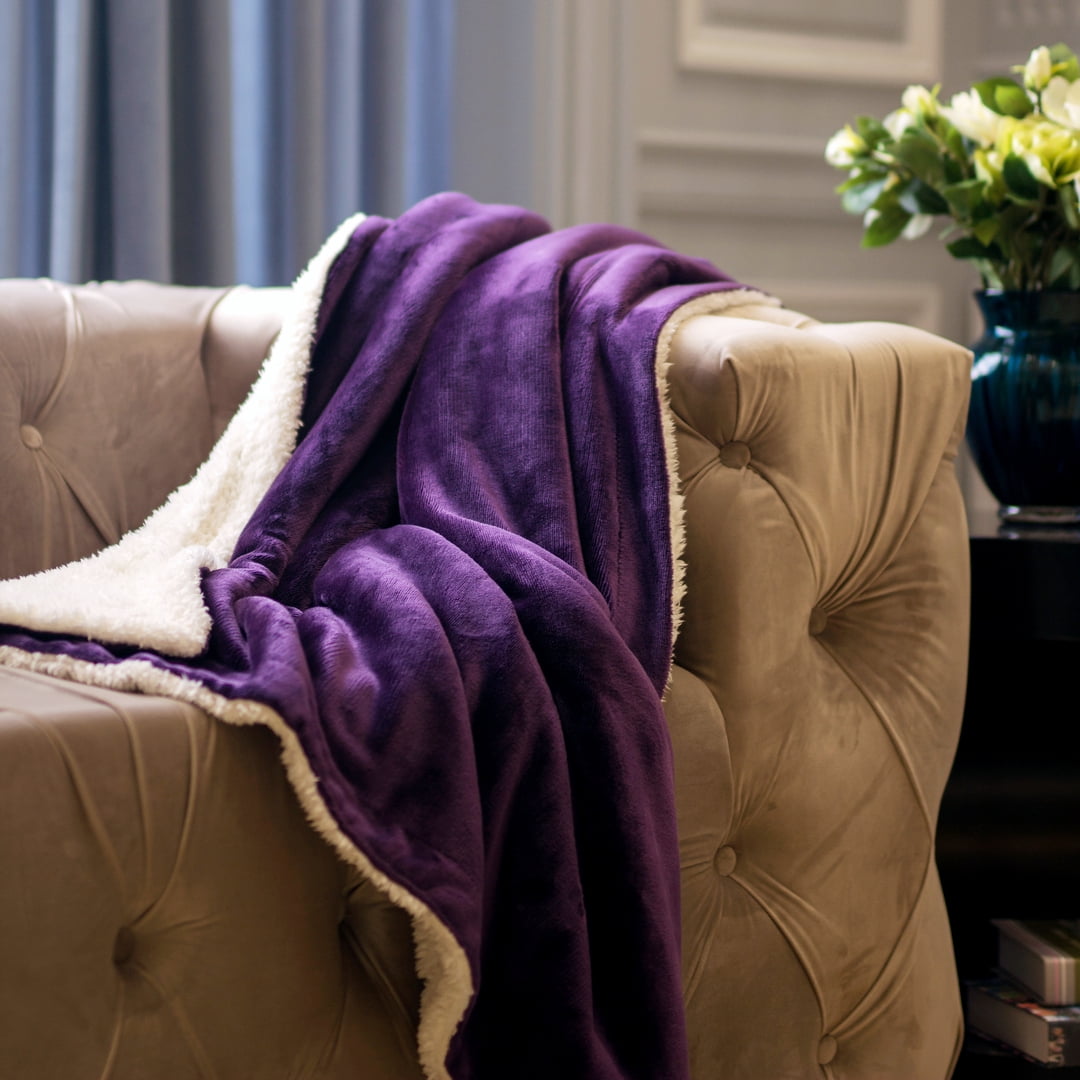 Fleece Sherpa Twin Blanket Purple Reversible Plush Blanket Fluffy Soft Microfiber Fleece