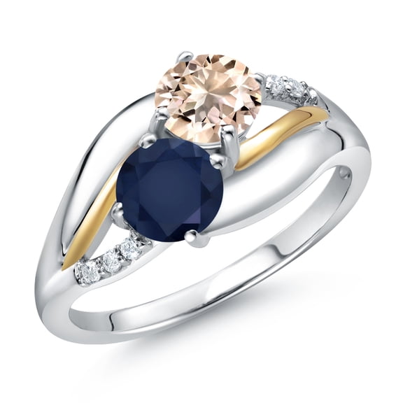 Gem Stone King 925 Sterling Silver and 10K Yellow Gold Blue Sapphire Peach Morganite and Lab Grown Diamond 2 Stone Engagement Ring for Women (1.04 Cttw, Round, September Birthstone, Size 8)