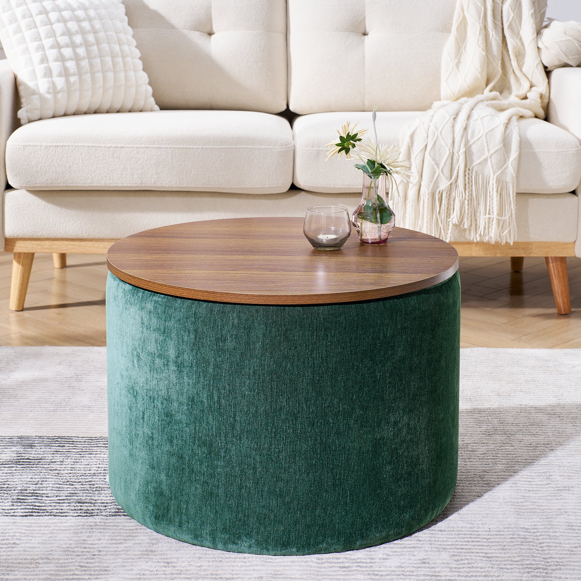 Lunale Round Storage Ottoman Set of 2, Chenille Upholstered Coffe Side Tables for Living Room, Dark Green