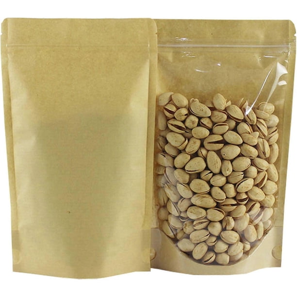 50PCS Kraft Paper Stand Up Food Bags, Reusable Ziplock Seal Bags, Kraft Paper Food Storage Pouches, with Window, 12x20cm