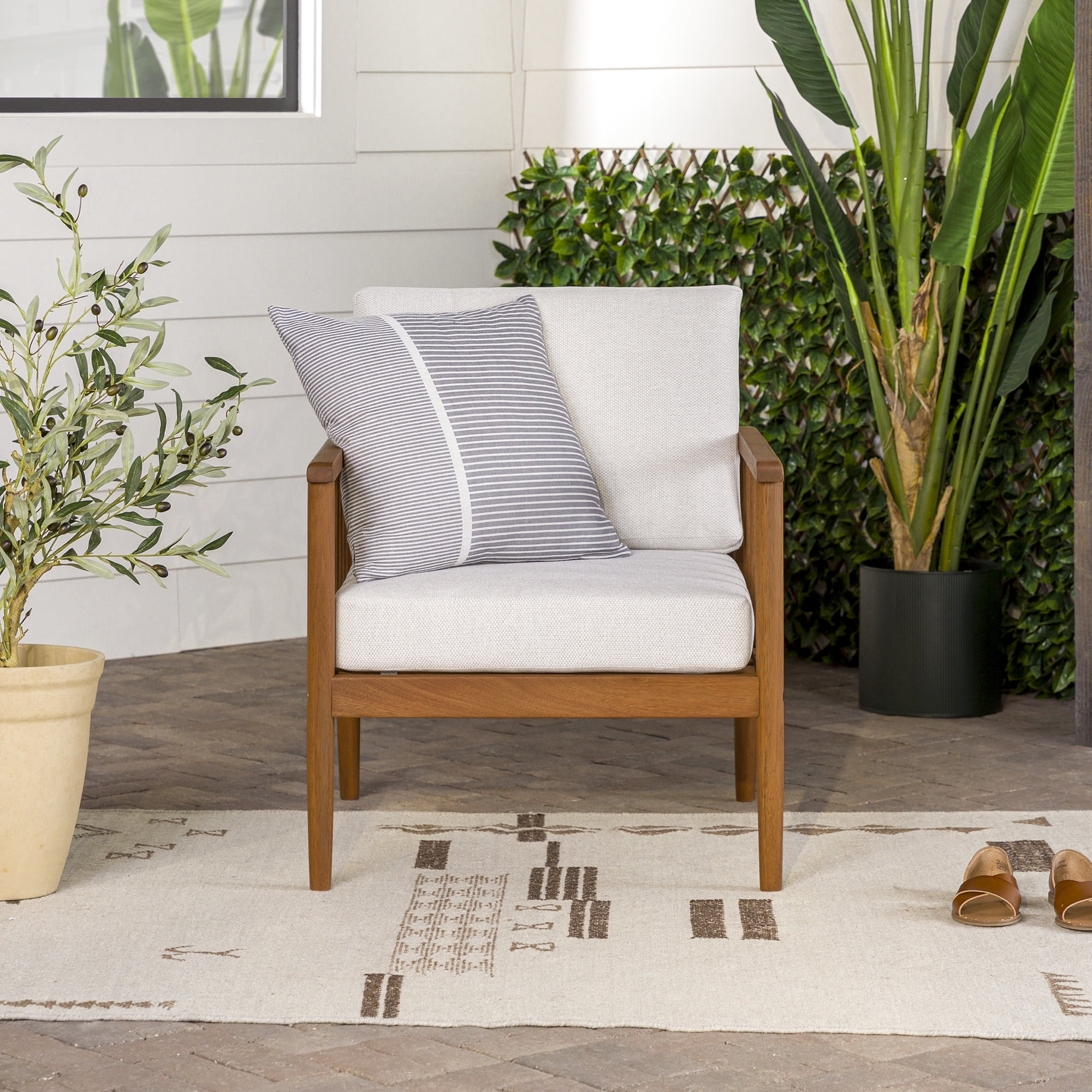 Walker Edison Modern Solid Eucalyptus Outdoor Lounge Chair, Brown