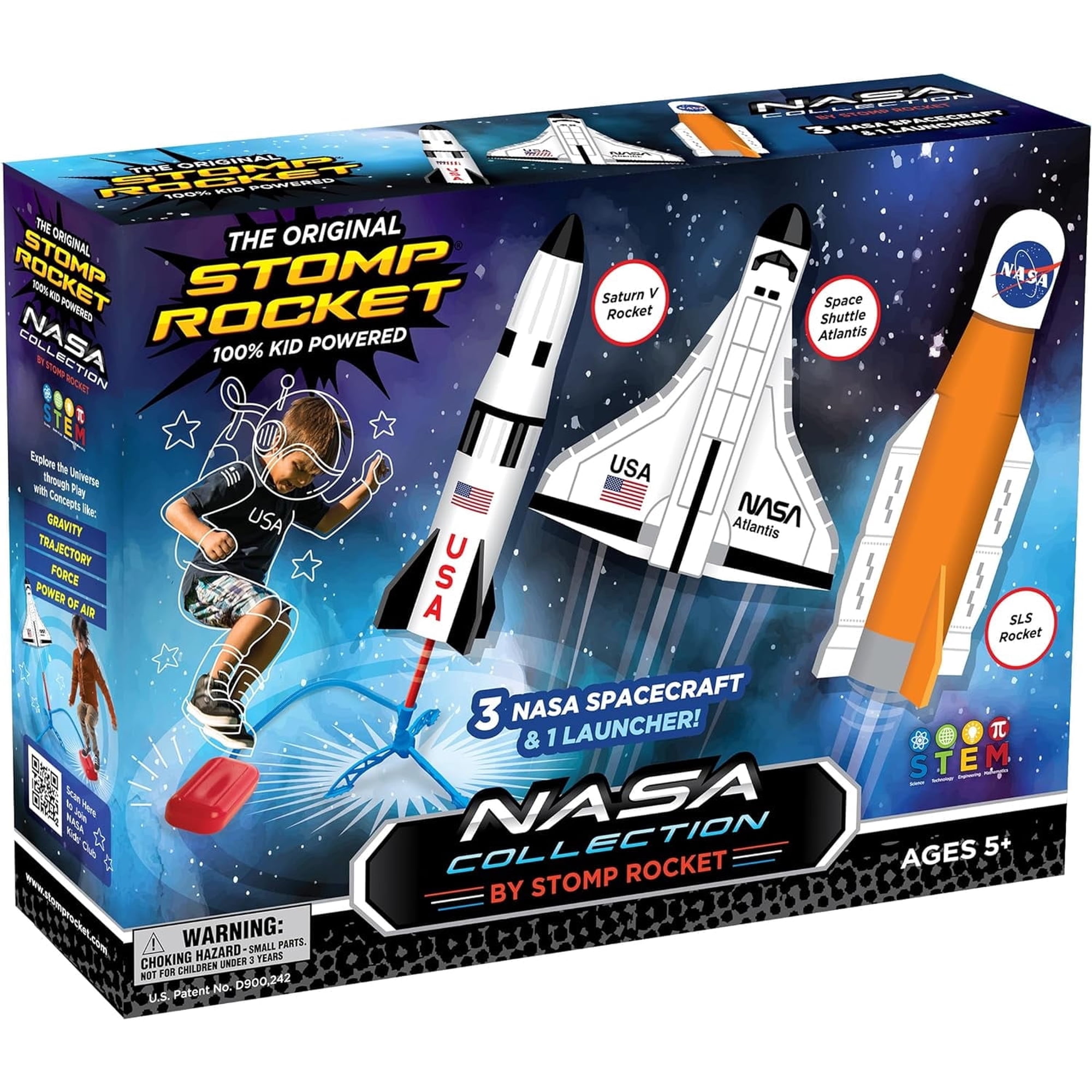 Stomp Rocket Space Collection Rocket Launcher for Kids, 3 NASA Rockets - Backyard & Outdoor Fun Toy Gift for Boys & Girls - STEM Soft Foam Blaster Set Soars Up to 100 Feet - Ages 5 & Up