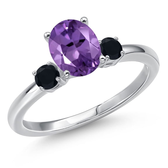 Gem Stone King 14K White Gold Purple Amethyst and Black Onyx Engagement Ring for Women | 1.35 Cttw | Oval 8X6MM | Gemstone February Birthstone | Size 5
