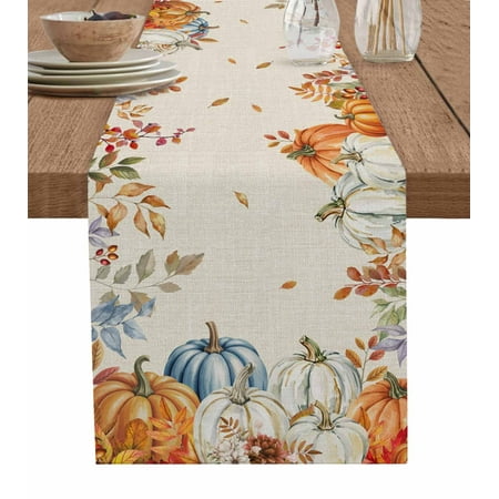 Table Runners 120 Inches Long Dress Scarves Orange Blue Thanksgiving Fall Farmhouse Coffee/Dining/Kitchen Table Runner for Living Room Rustic Botanical Pumpkins 13x120 Inch