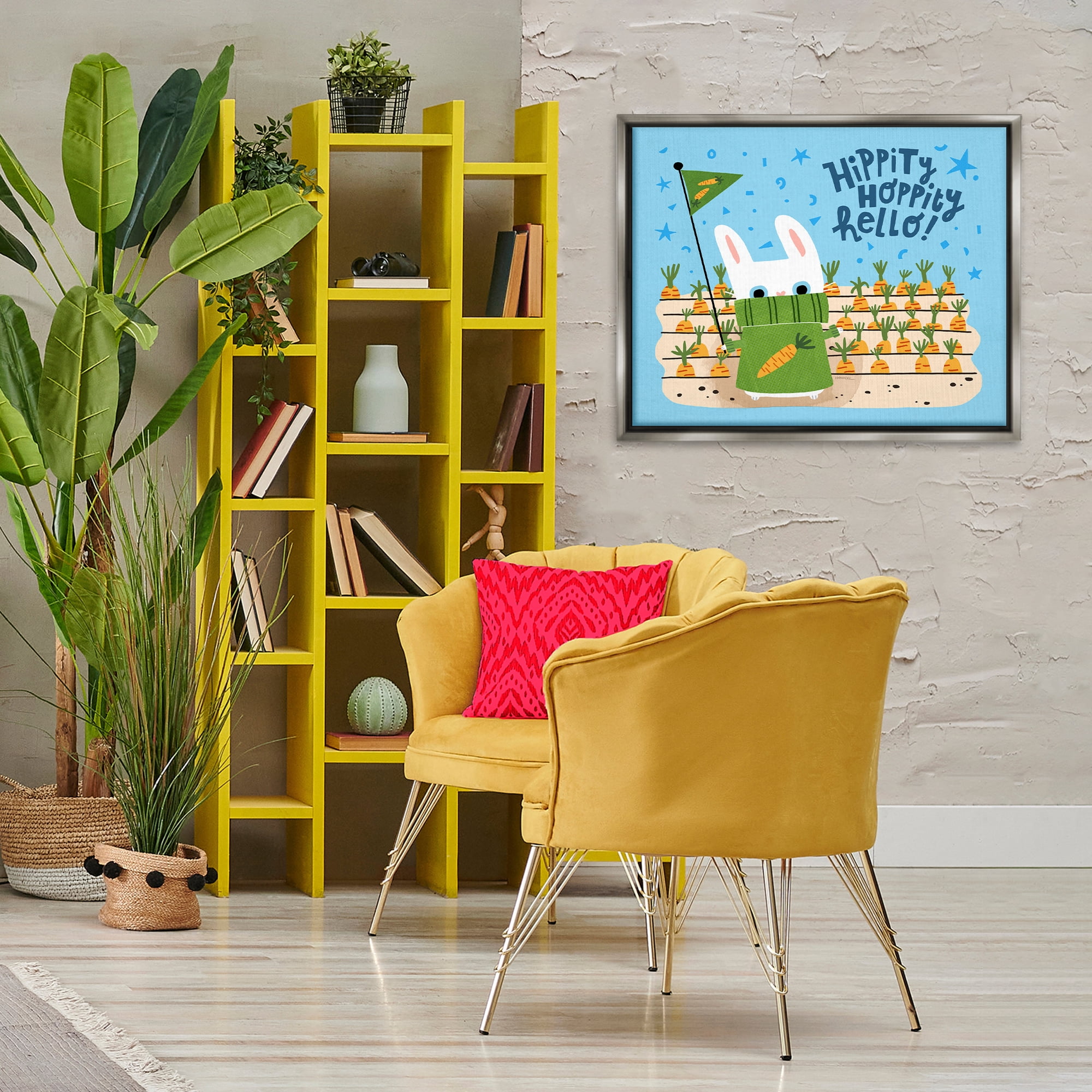 Stupell Industries Hippity Hoppity Hello Bunny Animals Painting Gray Floater Framed Canvas Art Print Wall Art, 31 x 25