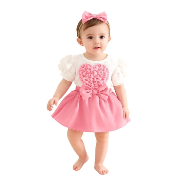QUOTAY Baby Girl Valentines Day Outfit 3D Heart Sleeve Bow Tie Baby Romper Jumpsuit Dress with Headband for Toddler Photo 02_Pink,3-6 Months