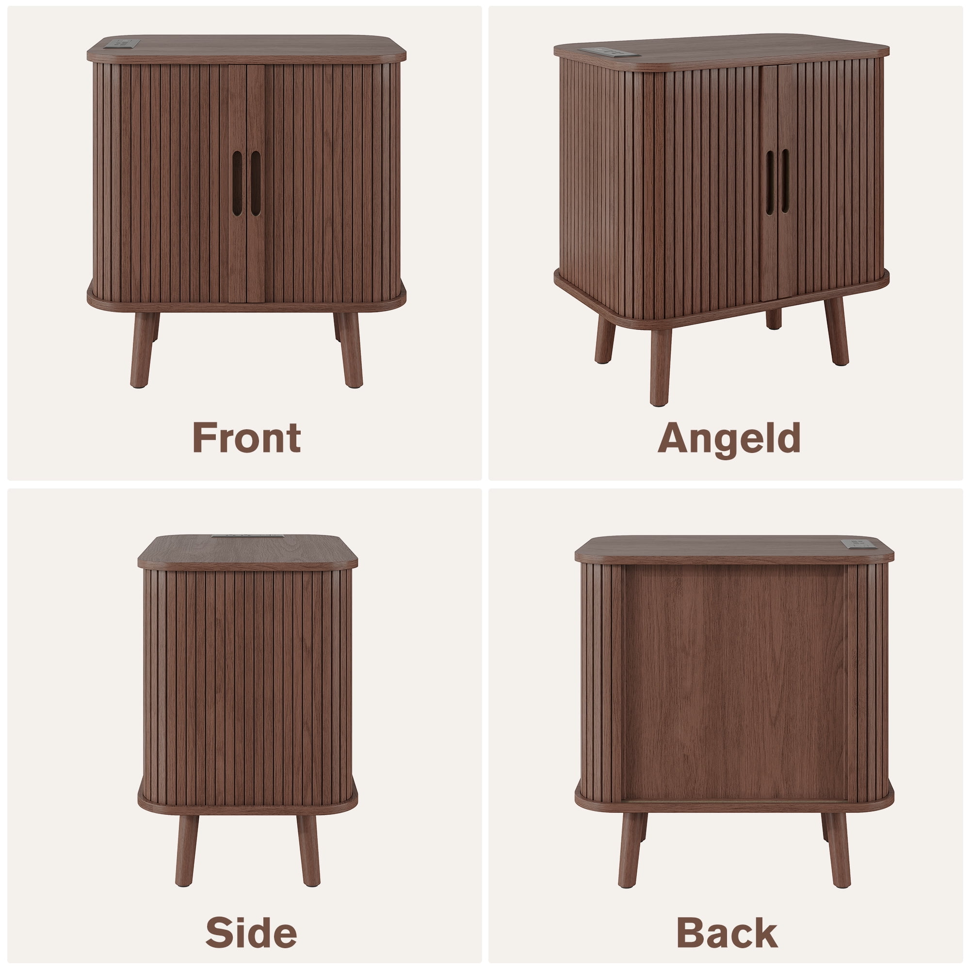 Fluted Nightstand with Charging Station, Mid Century Modern Bedside Table with Drawers and Shelves, Sliding Doors Nightstands, Wood Night Stand for Bedroom, End Table with Charging Station, Walnut