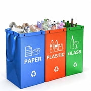 3 Pack 40L Color-Coded Recycling Bins with Handles, for Paper Plastic Glass, Home Kitchen Garage
