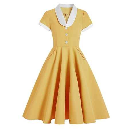 

BDFZL Dresses for Women 2022 Woman s Retro Court Waist-Waisted Temperament Doll Collar Lace Light Dress Short-Sleeved Corset Big Swing Mid-Length Dress Yellow XL-