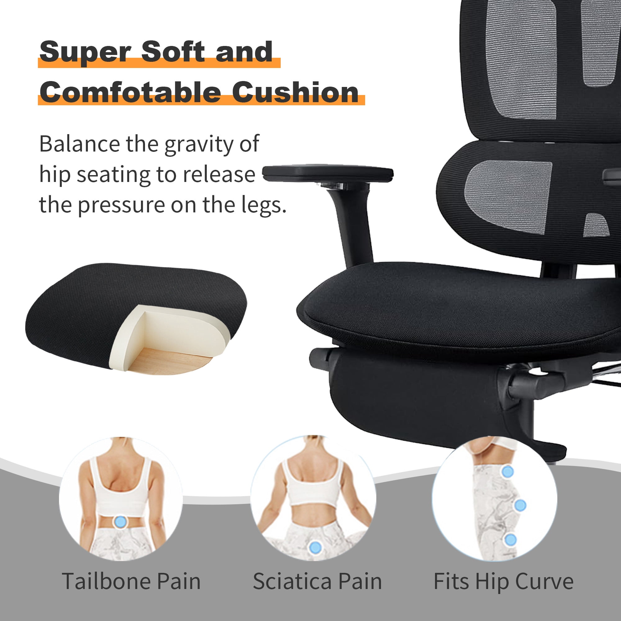 Ergonomic Office Chair with Footrest, High-back Computer Chair with Dynamic Lumbar Support, 2D Headrest & 4D Armrests, Sponge Cushion & Mesh Back, Home Office Chair for Adults, Black