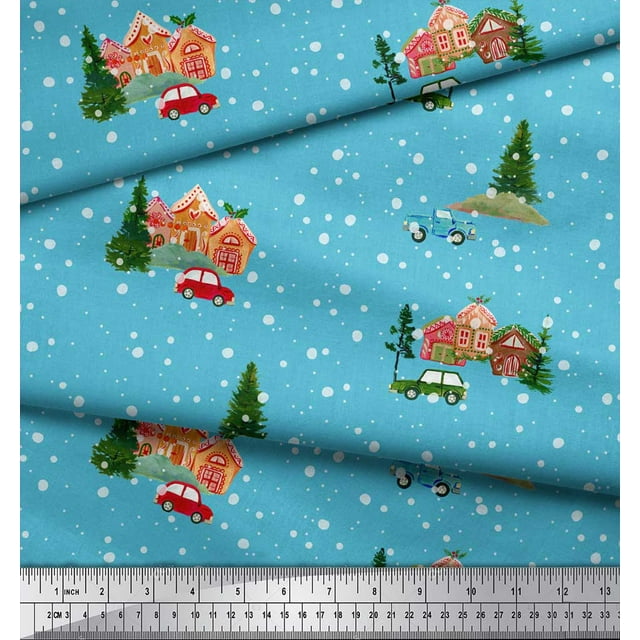 Soimoi Moss Georgette Fabric House,Tree & Car Transport Printed Craft Fabric by the Yard 42 Inch Wide