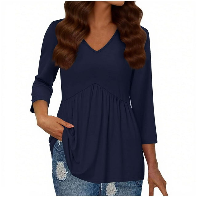 Plebaso Hauts pour Femmes à Manches 3/4, Tunique Plissée à Col en V, Hauts Unis Habillés et Fluides, Blouses