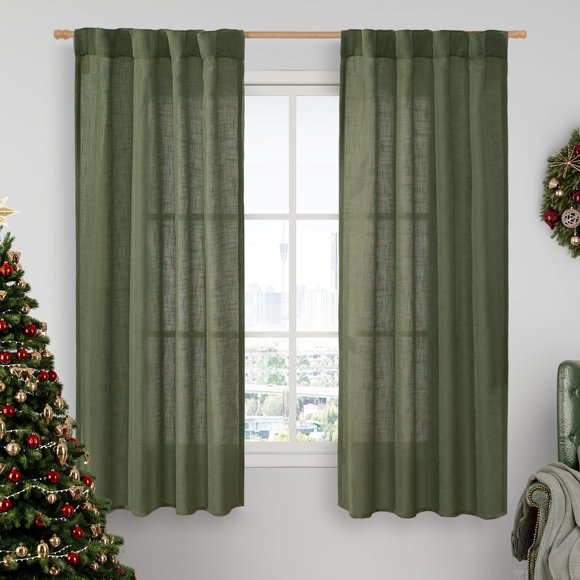 Cortinas LAMIT de lino semitransparente de color verde oliva, 86 x 160 cm, 2 paneles