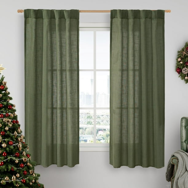 Cortinas LAMIT de lino semitransparente de color verde oliva, 160 x 160 cm, 2 paneles