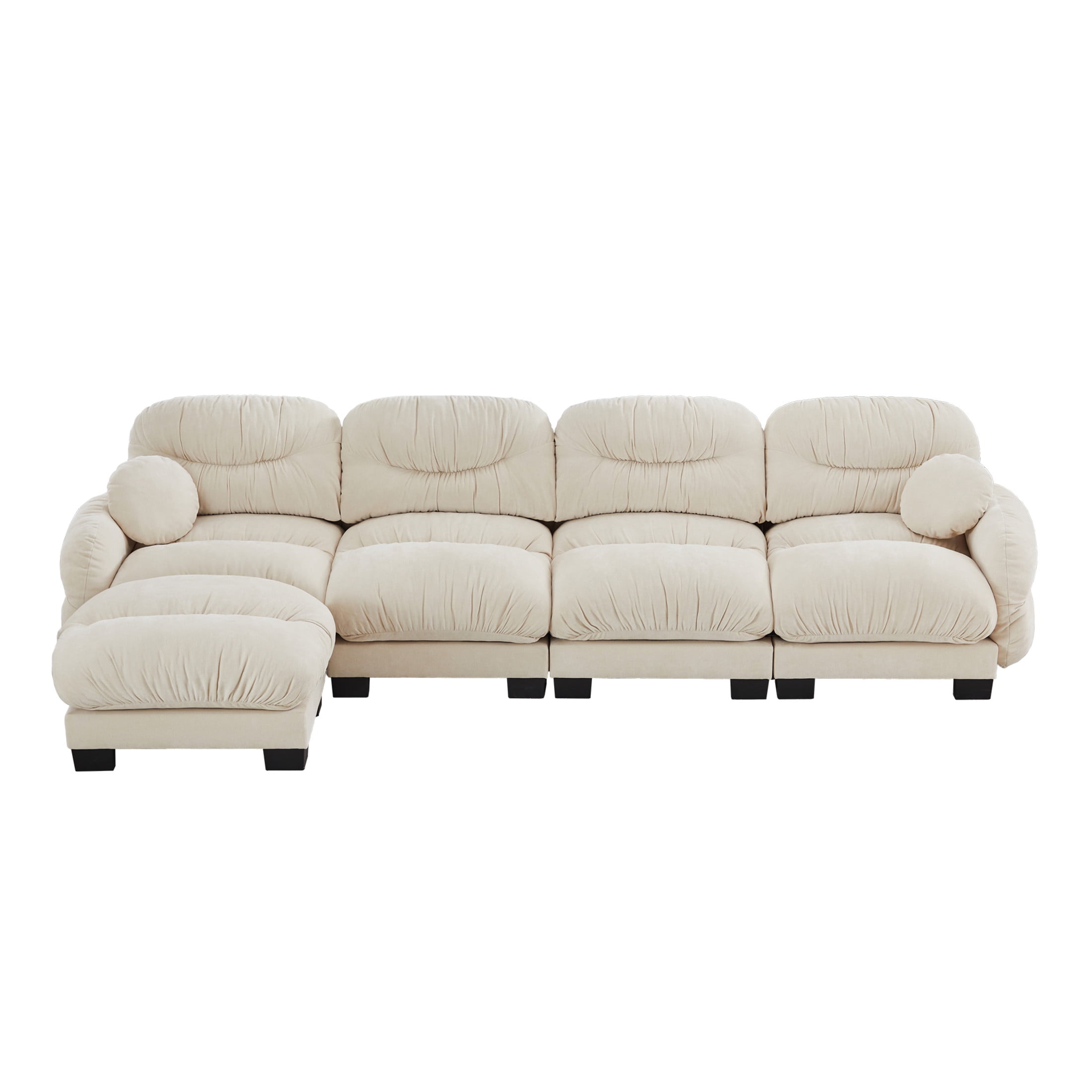 Noble House Corlan Pleated Chenille 4-Seater Sectional Sofa, Modular Deep Seat Couch with Ottoman and Throw Pillows, Beige