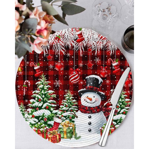 15 Inch Round Placemats Set of 4, Christmas Non Slip Heat Insulation PP Table Mats, Winter Snowman Xmas Trees Balls Red Black Plaid Washable Place Mats for Kitchen Dining Party Table Decor