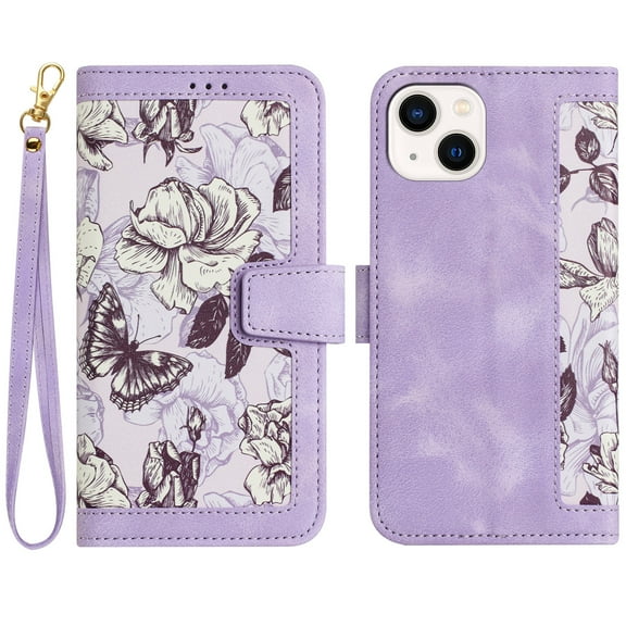 Allytech iPhone 13 Wallet Case, Chic Flower Pattern PU Leather Shoulder Strap Hand Wrist Cards Holder Stand Protective Flip Folio Cover for Girls Women Phone Case for Apple iPhone 13 - Purple
