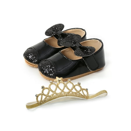 

Lacyhop Newborn Princess Shoes Bow Sandals Glitter Dress Sandal Casual Lightweight Loafers Comfortable Rubber Soft Sole First Walking Shoe Black With Hair Band 6C