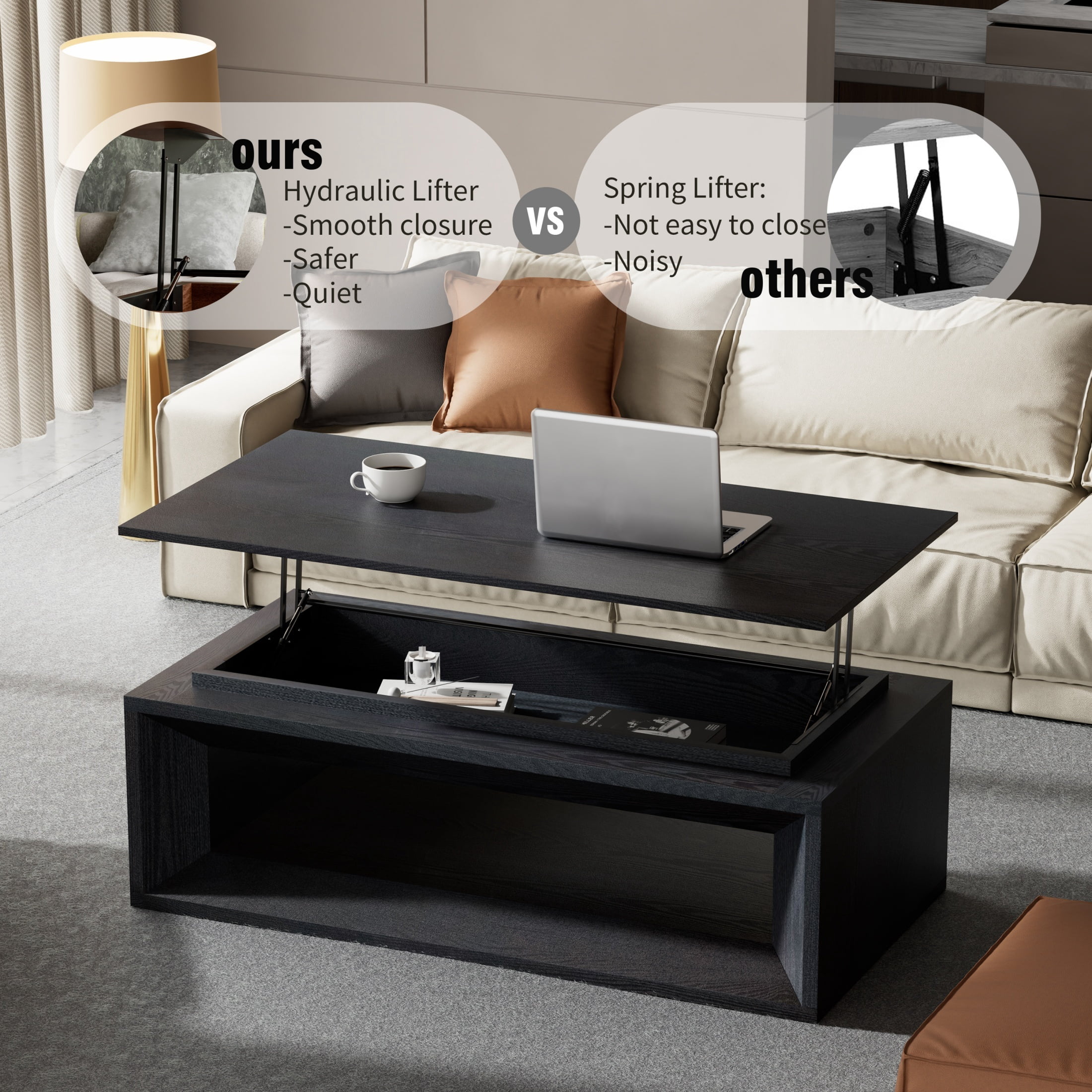 Lift-Top Adjustable Coffee Table with Hidden Storage, Solid Wood Veneered Modern End Table, Accent Cocktail Table