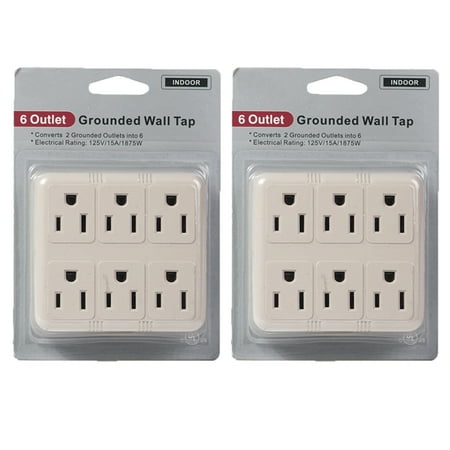Wall Outlet Adaptor - 2Pc Grounded Wall Outlet Tap AC 125V Power Adapter Electrical 6 Way Plug Charger