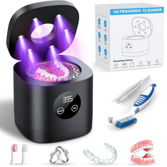 Ultrasonic Retainer Cleaner Machine, 52kHz Ultrasonic Denture Cleaner for Night Guards, Braces, Toothbrush Heads, Jewelry and More, Ultrasonic Cleaner for Retainers with 250ML Capacity, Black