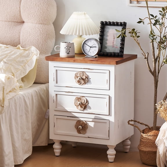 Vintage Farmhouse Nightstand, 3 Drawer Rustic End Table with Floral Knobs and Gourd Legs, Distressed Antique White Bedside Storage Cabinet for Bedroom Living Room
