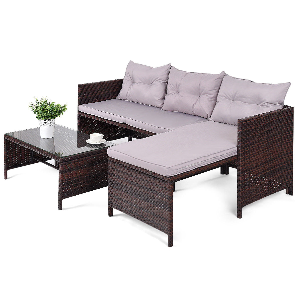 Gymax 3PC Rattan Furniture Sofa Lounge Chaise Set Outdoor ...