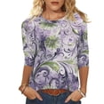 thumbnail image 2 of T-Shirt for Women Crewneck Three Quarter Sleeve Casual Loose Fit Elegant Daisy Swirl Graphic Print Stretchy Breathable Soft Daily Comfort Fashion Tops, 2 of 5